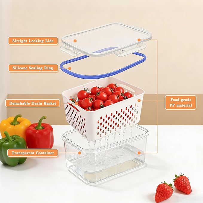 4 in 1 Food Storage Containers for Fridge, Produce Keeper with Removable Colander & Drain Basket, Airtight Leakproof Fruit Vegetable Storage Containers Transparent Kitchen Organizer (3PC S+M+L)