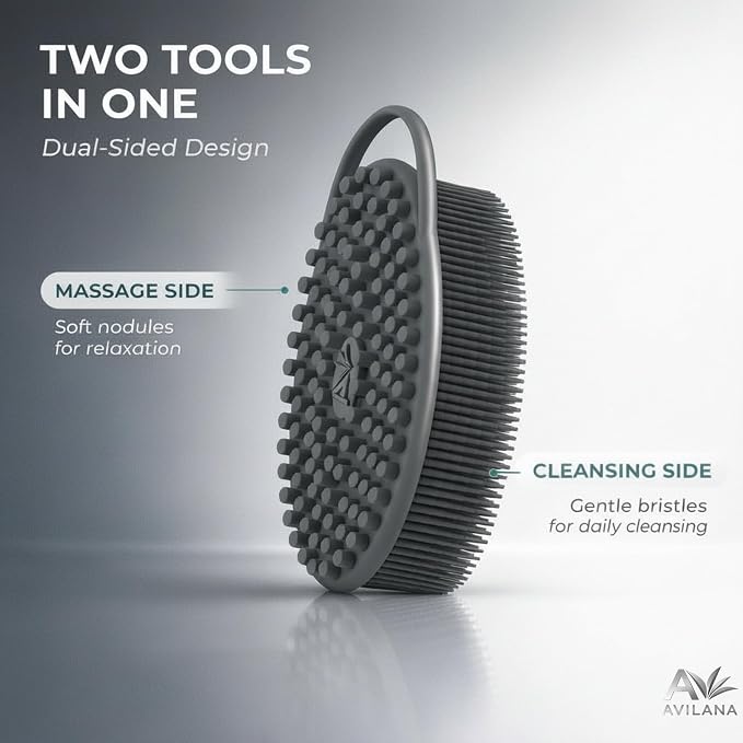 Avilana Premium Silicone Body Scrubber -Trusted Since 2017 - SGS Certified Food Grade Dual Sided Bath Brush, Quick-Dry Exfoliating Loofah Alternative, Massage Brush Sensitive Skin Women Men