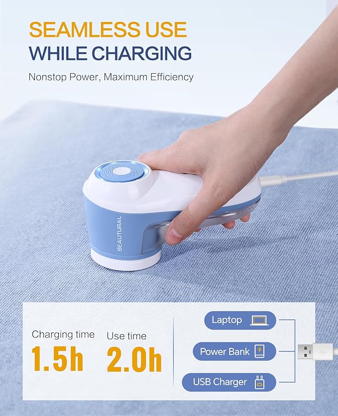 BEAUTURAL Fabric Shaver and Lint Remover, Rechargeable Sweater Defuzzer | 6-Leaf Blades, Electric Clothes Shavers to Trim Fuzz and Pills, Remove Pilling for Clothing, Furniture, Couch, Blanket