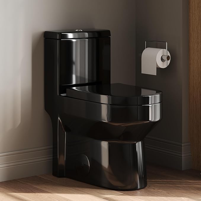 DeerValley Compact One Piece Toilet With Soft Closing Seat in High Gloss Black Finish Featuring 12 Inch Rough-In Modern Style for Contemporary Bathrooms
