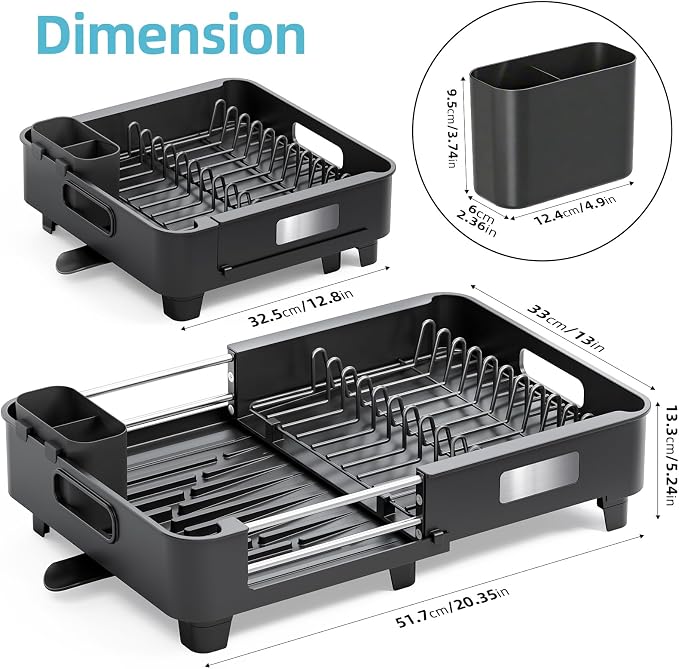 TOOLF Expandable Dish Drying Rack for Kitchen Counter,Black | Extendable 12.8in to 20.35in,Stainless Steel & PP,One-Minute Quick Assembly,Cutlery Holder,Portable Carry Handle,Space-Saving
