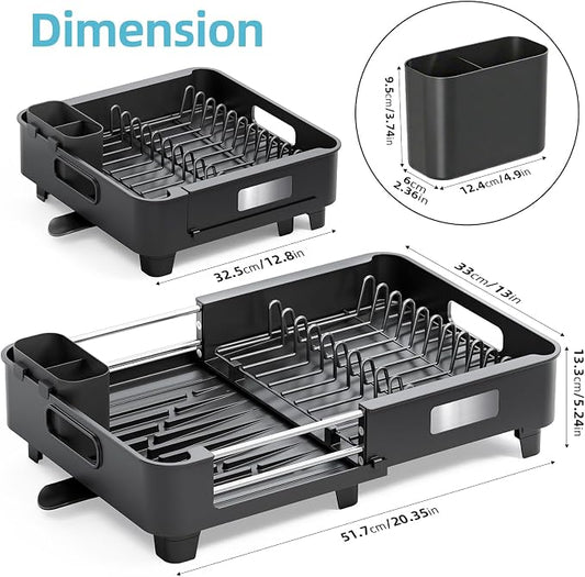 TOOLF Expandable Dish Drying Rack for Kitchen Counter,Black | Extendable 12.8in to 20.35in,Stainless Steel & PP,One-Minute Quick Assembly,Cutlery Holder,Portable Carry Handle,Space-Saving