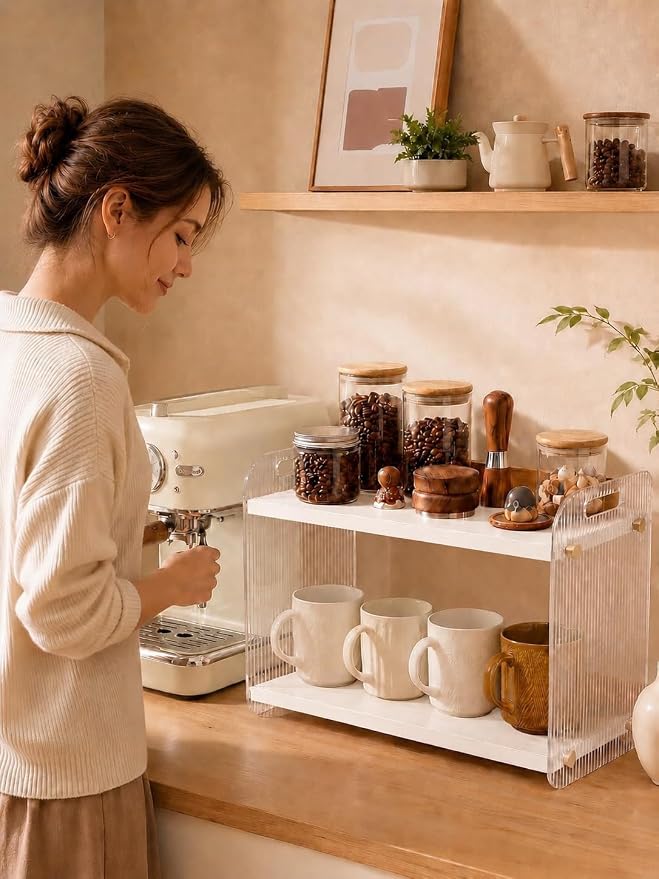 2 Tier Coffee Station Organizer - Acrylic & Pine Wood Matcha Station(White) | 15.75" x6.18" x9.37", Easy-to-Clean coffee bar shelf for Kitchen Countertops, for Placing Mugs, Coffee Beans, Syrup, Cups etc