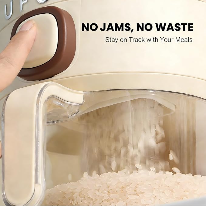 UFORU Rice Dispenser,23-25Lb Rice Storage Container with Measuring Cup for Kitchen Pantry Household, Cereal Dry Food Storage Containers Airtight, Sealed Moisture Proof (Brown)