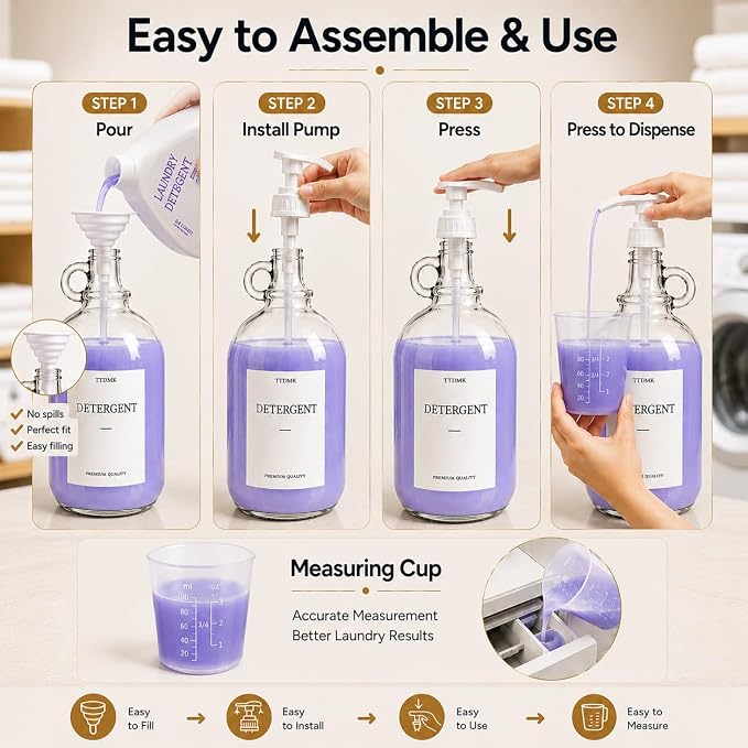 2 Pack Glass Laundry Detergent Dispensers, 128 oz One Gallon Bottles | Large Capacity Glass Bottles with Pumps, Labels, Funnels and Measuring Cups for Laundry Detergent and Fabric Softener.