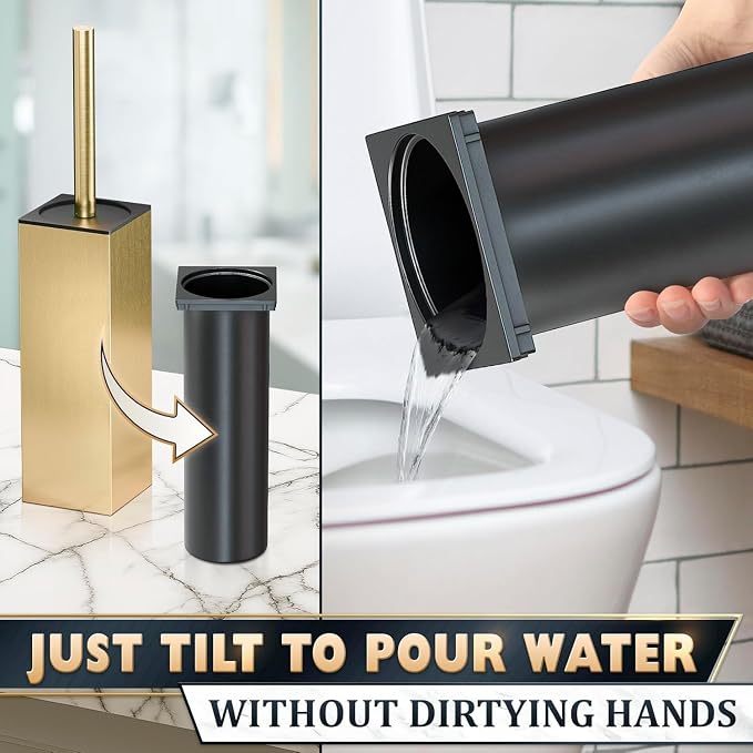 Stainless Steel Toilet Brush and Holder Set Gold & Square Design - Corrosion and Scratch-Resistant Gold Toilet Brush and Holder Set with Splash Protection - for Deep & Effective Bathroom Cleaning