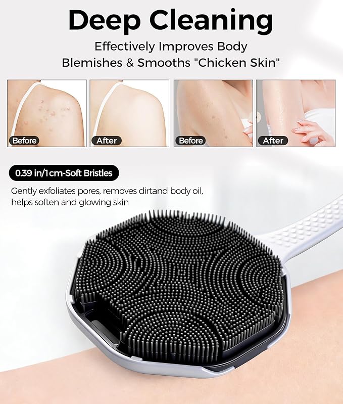 Back Scrubber for Shower - Long Handle Body Brush with Soft Bristles, Exfoliating Deep Clean, Black + Pink