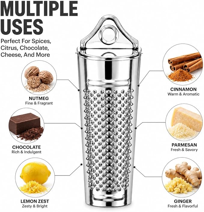 HIC Kitchen Nutmeg Grater, Stainless Steel, Grates Nutmeg, Cinnamon Sticks, Block Chocolate, Ginger, and Hard Cheeses