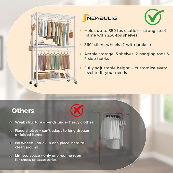 NEWBULIG Heavy Duty Clothing Rack with Wheels, 3-Tier Adjustable Wire Garment Rack, Metal Freestanding Closet Organizer System with Double Hanging Rods & 8 Side Hooks, 47"x17"x80", White