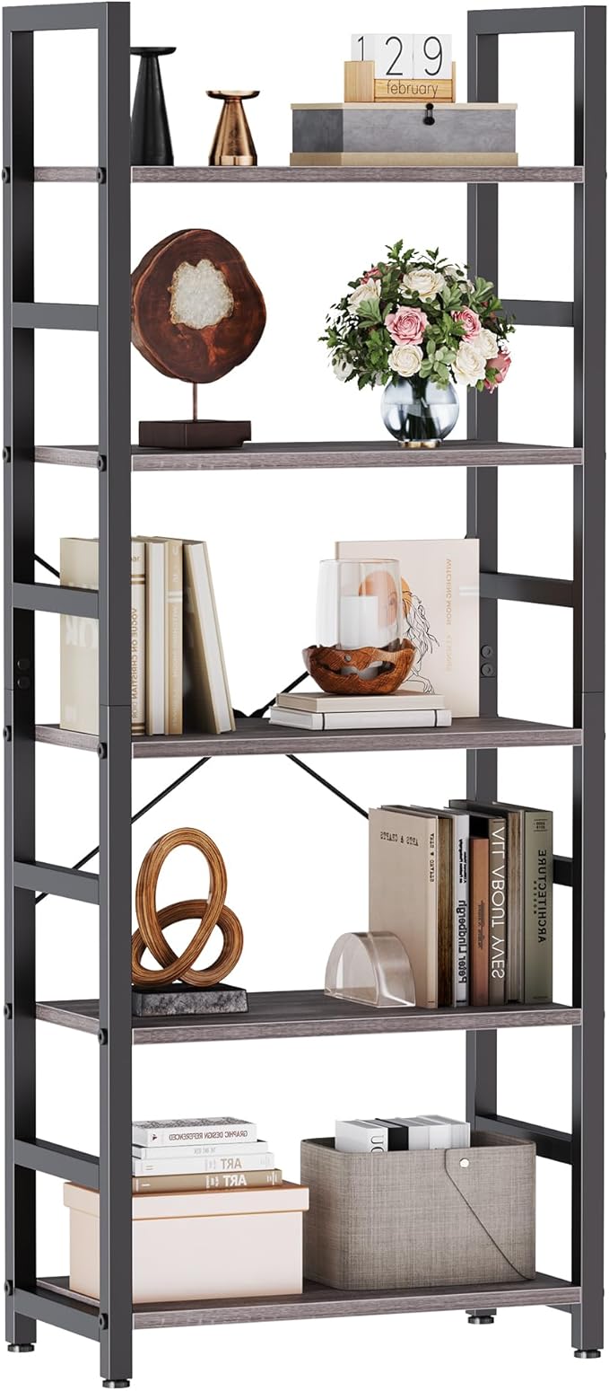 DUMOS 5-Tier Bookshelf, Modern Tall Bookcase Book Shelf | Open Storage Display Shelf for Living Room, Bedroom, Home Office, Narrow Standing Shelving Unit for Books, CDs Wood Grey