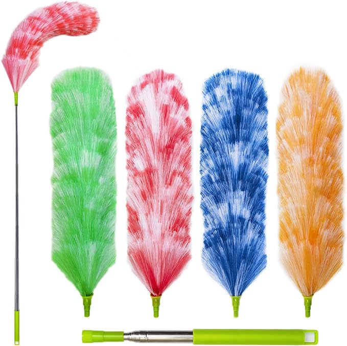 4 Pack Washable Electrostatic Duster, Extendable Pole 25" to 55", Feather Duster for Cleaning, Electrostatic Feather Duster