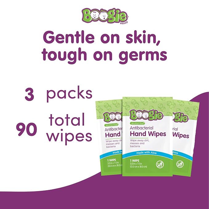 Boogie Antibacterial Hand Wipes - 90 Count - Hypoallergenic & Alcohol-Free - Individually Wrapped - Travel and Diaper Bag Essential