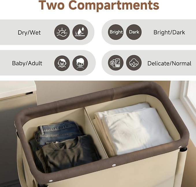 StorageWorks 2 Section Laundry Hamper, 100L Tan Sorter Cart with Wheels