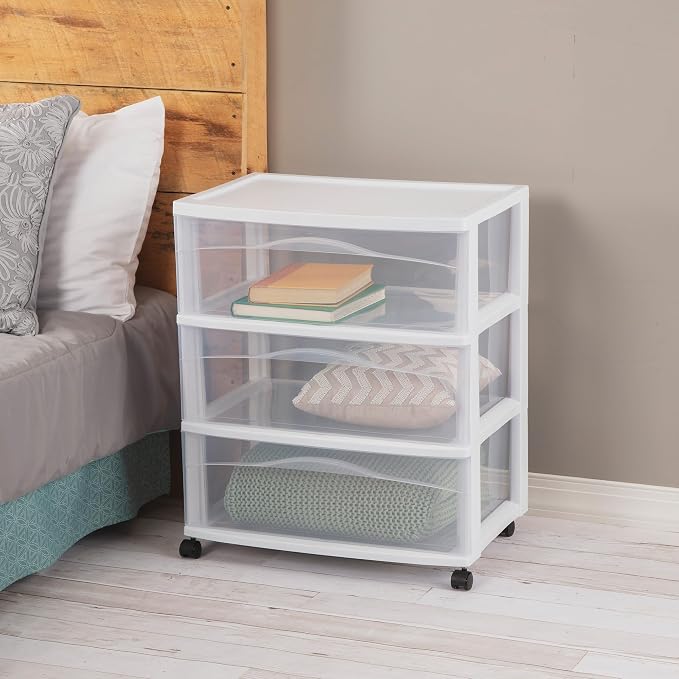 Sterilite 2-Pack Wide 3-Drawer Cart, Storage Closet Organizer with Wheels, White - Plastic Drawers and Containers for Bedroom, Cabinet, Clothes, Dresser, and Kitchen Pantry Organization