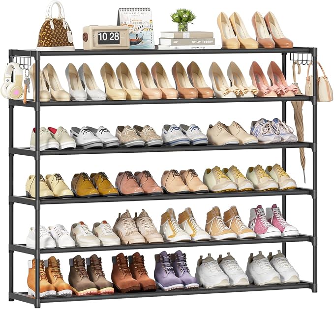 LUKYTOWER Extra Long Shoe Rack 6 Tier 39Pairs with 2 Hooks | Sturdy Wide Stackable Shoe Organizer for Closet, Entryway, Front Door Entrance, Durable Shoe Shelf Stand, Black Shoe Storage