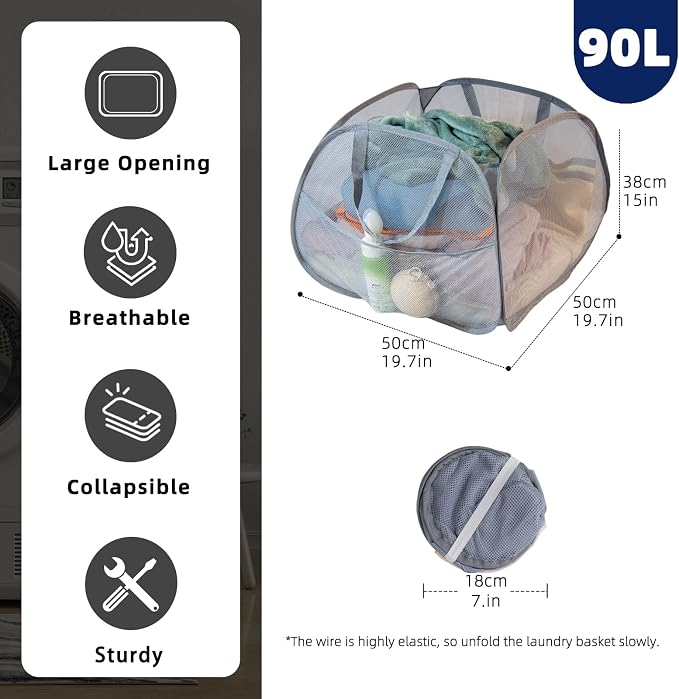 Collapsible Laundry Basket 90L, Mesh Pop-up Hamper, Gray 2PCS | Foldable Laundry Basket, Side Storage Pocket, Handles, Dirty Clothes Hamper for Bedroom, Bathroom, Dorm, Travel, Camping