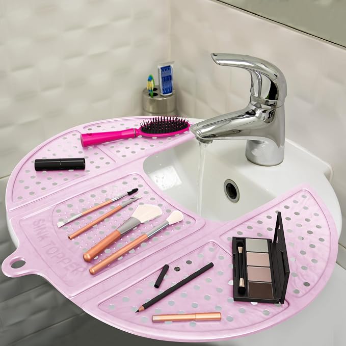 Sink Topper Bathroom Sink Cover for Counter Space, Standard Pink | Holds up to 7 lb on a steel frame; fits over basins to 19 in; 480°F silicone, hot tools; foldable makeup mat; RV, camper