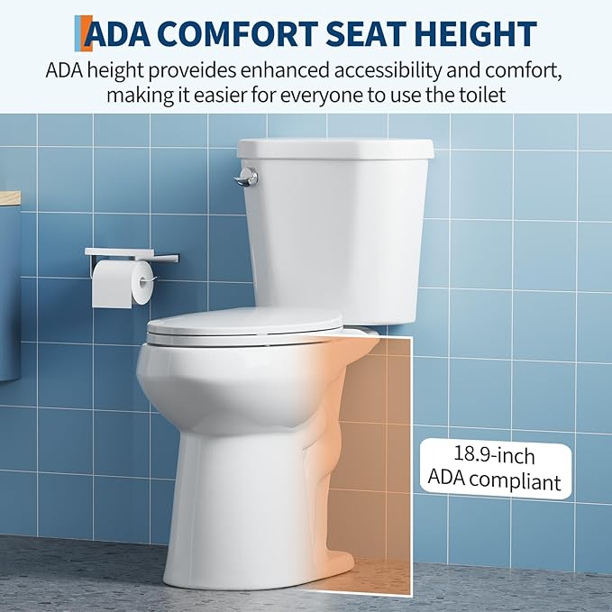 Comfort Height 19" Elongated Two-Piece Toilet with Slow-Close PP Seat – Upgraded Power Flush, Single Side Handle, Perfect for Bathroom or Elderly-Friendly Remodel, Includes Full Tank Assembly