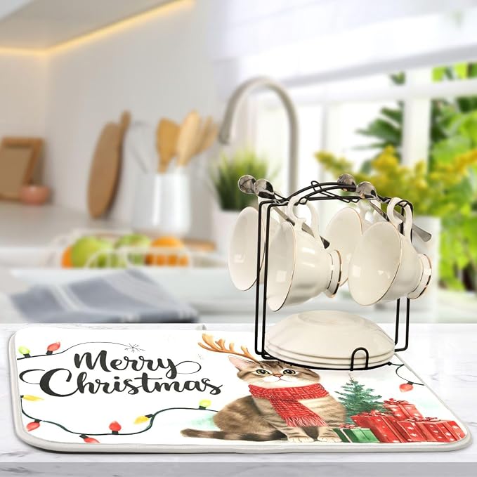 Merry Christmas Kitty Dish Drying Mat for Kitchen Countertop 16x18 Winter Cat Xmas Reindeer Small Drying Mat Reusable Quick Dry Dish Sink Mats Easy Clean Decorative Essentials
