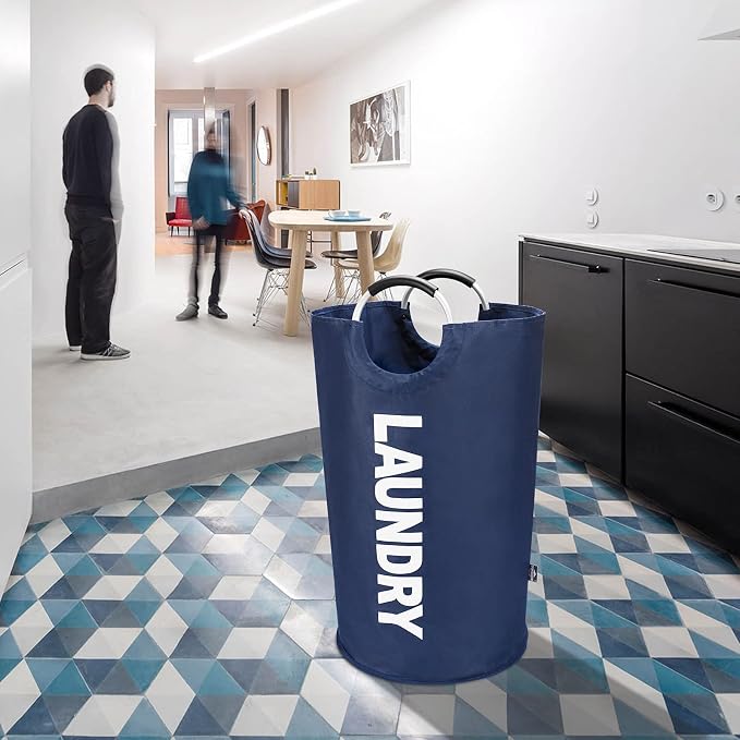 DOKEHOM 90L Large Laundry Basket Bag, Collapsible Tall Hamper, Dark Blue | Freestanding tall washing bin & foldable laundry bag. High-capacity clothes storage basket with durable sturdy handles
