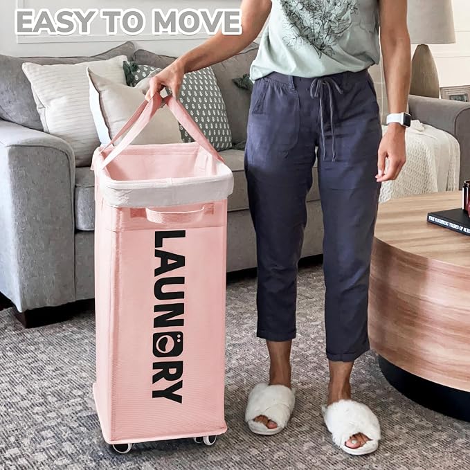 CHICVITA 75L Laundry Hamper with Wheels 2-Pack, Wash Bags, Pink | Collapsible rolling baskets with carry handles for corner dorm rooms. Removable wash bags, easy clean
