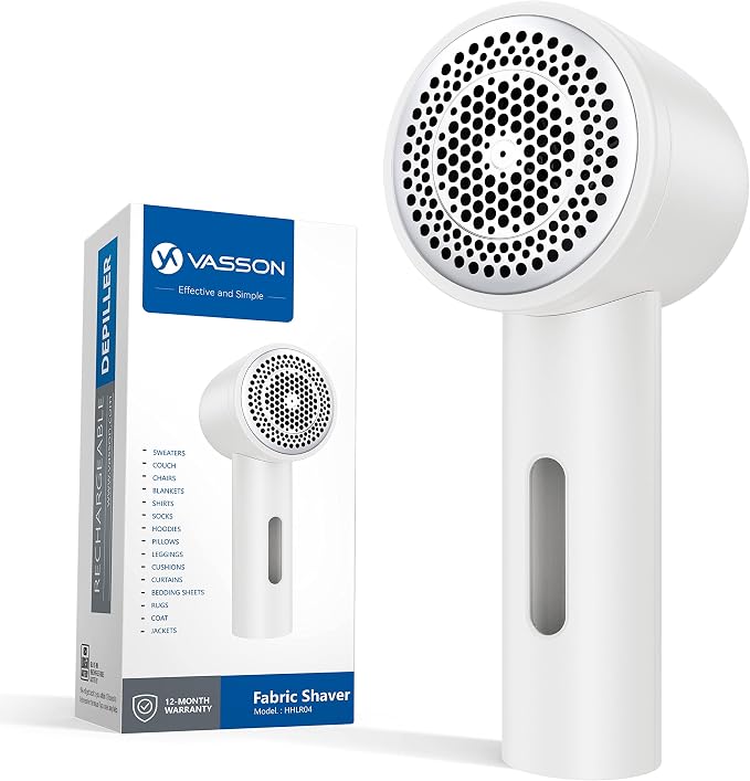 VASSON Large Fabric Shaver, Electric Sweater Depiller & Pilling Remover | Wide Shaving Head & High-Capacity Dustbin with Long-Lasting Battery