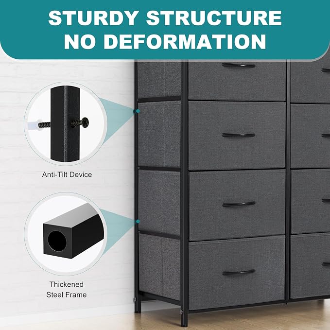 OLIXIS 8 Drawer Storage Dresser for Bedroom, Closet Organizers Units | Fabric Dresser with Wooden Top, Chest of Drawers Clothes Storage, Tower Cabinet, TV Stand Furniture, Grey