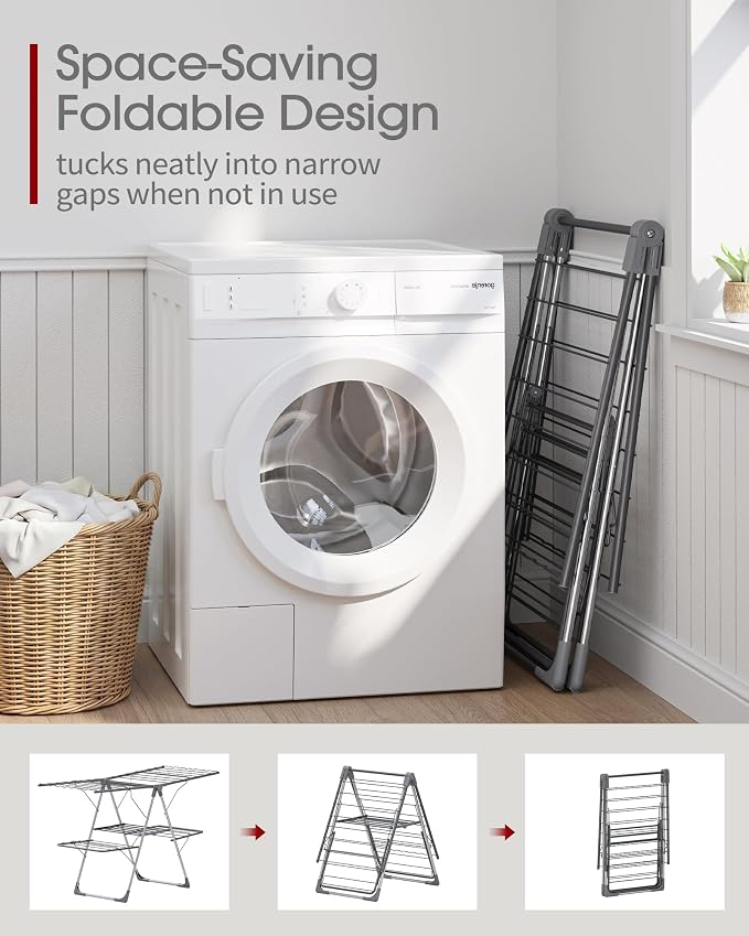 Sakugi Clothes Drying Rack, Foldable 2-Level with 55.5" Adjustable Wings | Laundry Room, Bedroom, Indoor & Outdoor Use, Height Adjustable, Clothing & Bedding, 55.5" L × 22.8" W, Gray