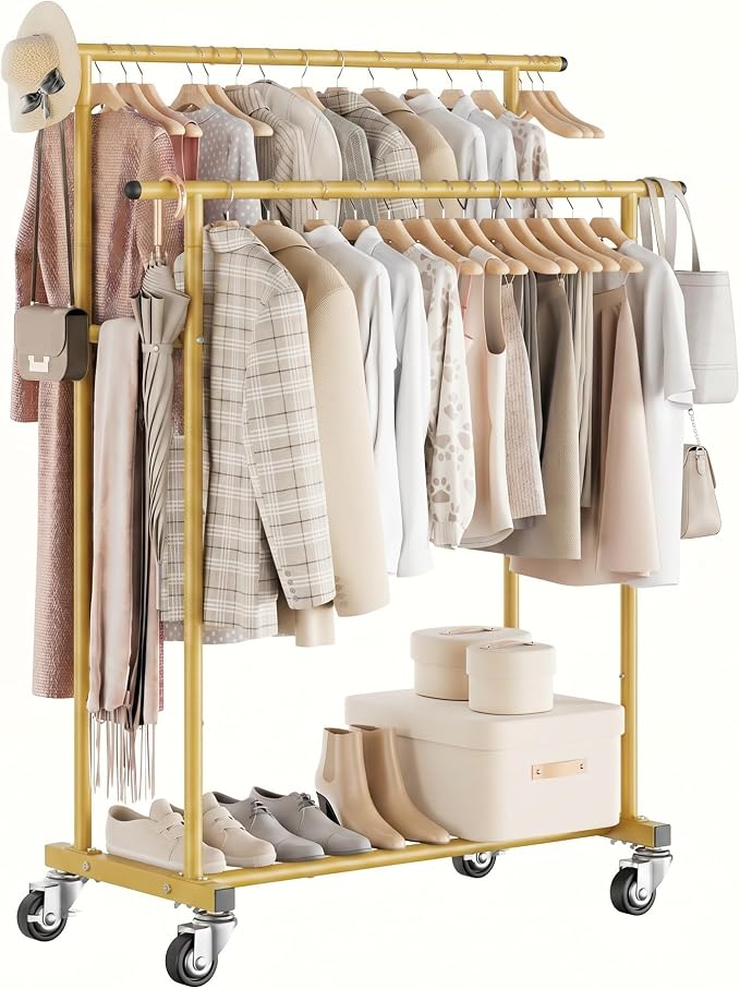 Calmootey Rolling Garment Rack with 2 Rods, Clothes Organizer for Bedroom | High-Low Rods, Two Lockable Wheels, Sturdy Metal Frame, Space-Saving, Fits Laundry, Living Room, Gold