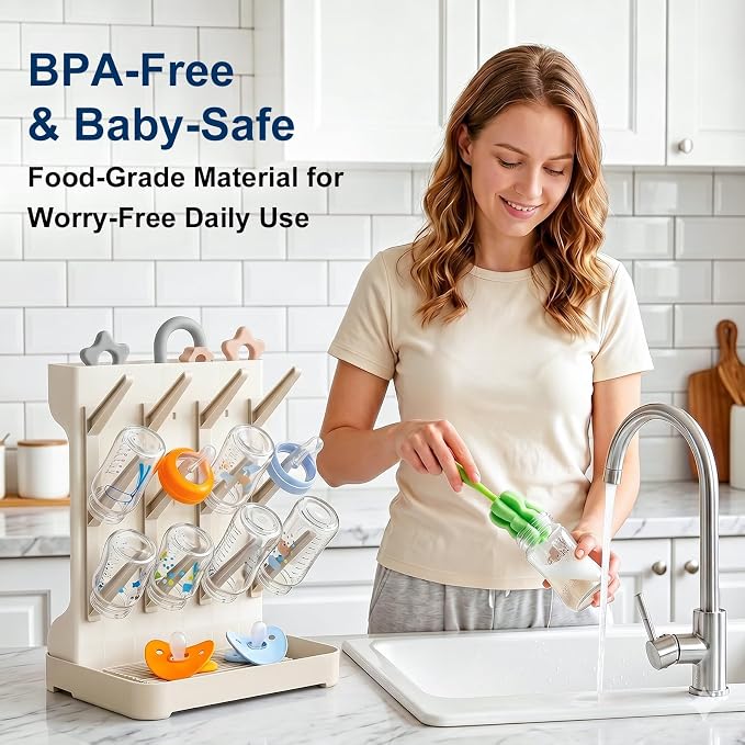 GoMaihe Baby Bottle Drying Rack: Space Saving Vertical Bottle Dryer Holder - Baby Accessories Storage Stand Organize Brushes Pacifiers on Countertop - BPA-Free - Beige