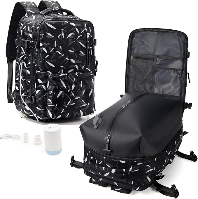 WONHOX Vacuum Seal Backpack for Travel with Air Pump Vacpack Carry on Flight Approved Compression Daypack Laptop Space Saver Bags Storage with Vacuum System 18x14x8 inches Travel Bag Women LeafBlack
