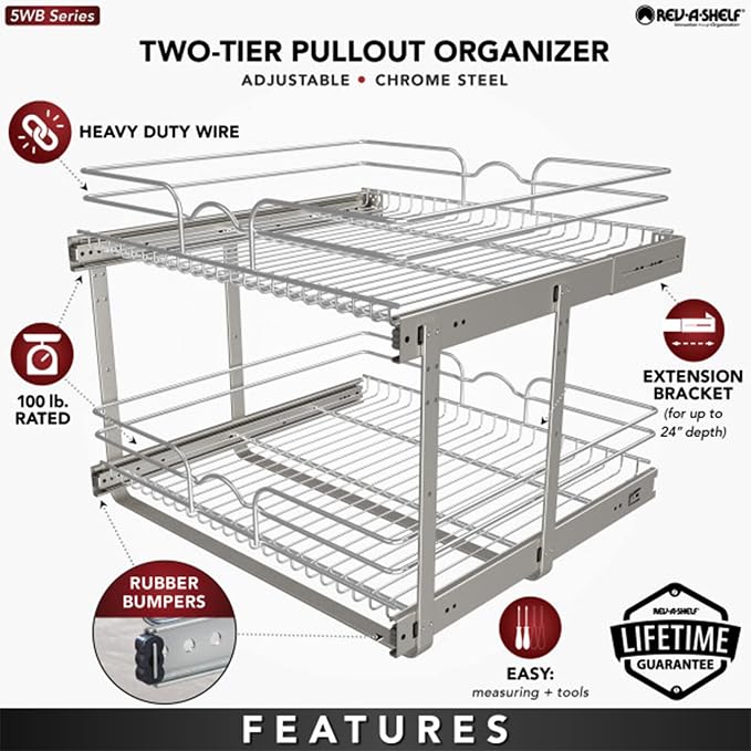 Rev-A-Shelf Pullout Organizer for Cabinets, Min Opening Width of 24" | Two-Tier Steel Shelf for Kitchen or Vanity Cabinet Organization, Heavy Gauge Wire Slide Out Storage Basket, 5WB2-2422-CR-1