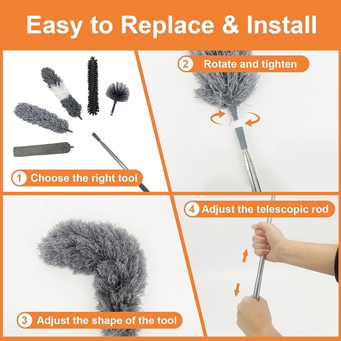 15 PCS Feather Dusters for Cleaning, Microfiber Duster with Extension Pole 100in, Extendable Duster for High Ceilings, Ceiling Fans, Baseboards, Blinds, Car Interior - Washable Reusable Dusting Tools
