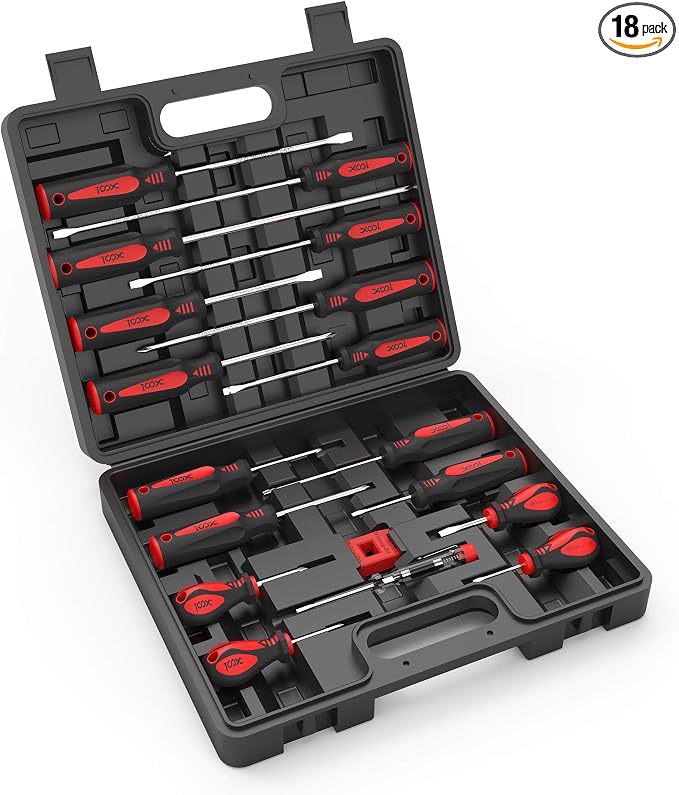 XOOL 18 PCS Magnetic Screwdriver Set with Case, 7 Phillips and 9 Slotted Tips, Professional Cushion Grip Screwdriver Non-Slip for Repair Home Improvement Craft