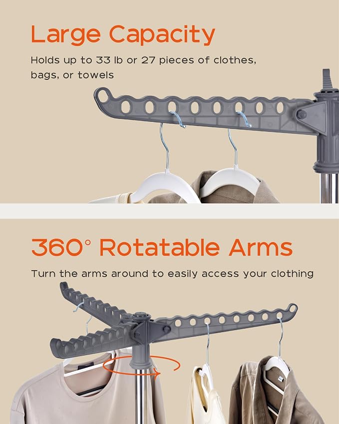 CASAMAYA Clothes Drying Rack Foldable, 59 inch Tripod Laundry Drying Rack Indoor with Rotating Clothes Rail for 27 Pieces of Clothes, Space Saving, Stainless Steel, Grey and Silver CDR001G01