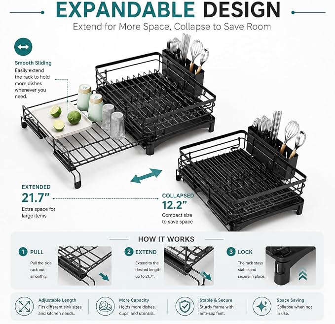 Premium Expandable Dish Drying Rack with Drainboard – 2-in-1 Large Capacity Countertop & Over-Sink Dish Rack, Rust-Resistant Metal