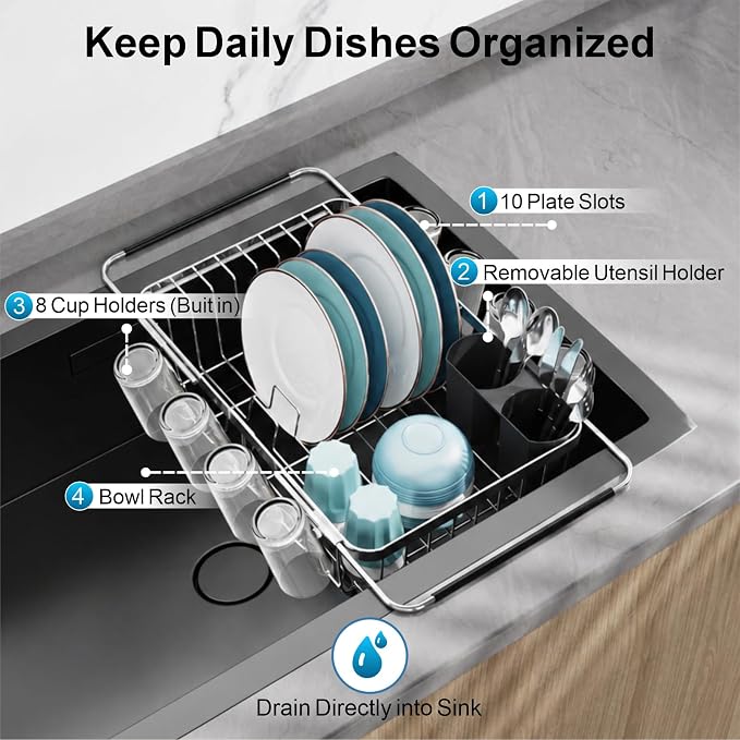 GSlife Dish Drying Rack Over the Sink with Twist-Lock Extendable Handle | Stainless Steel Dish Drainer with Cup Holder and Utensil Holder for Small Kitchen, Apartment, RV, Rustproof, Silver