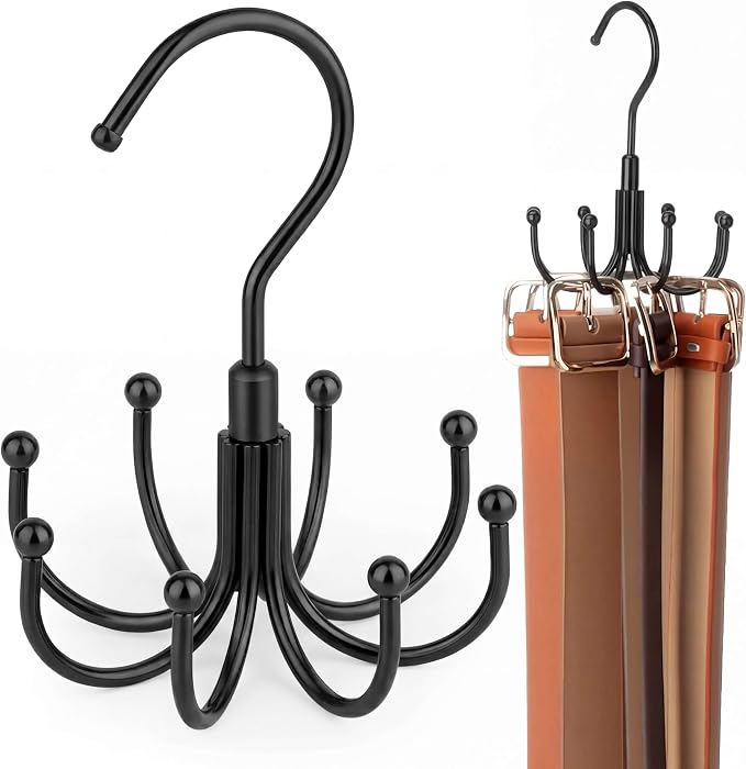ZEDODIER Belt Organizer for Closet, Heavy-Duty Rotating Belt Hanger Tie Rack Holds up to 24 Belts, Hanging Space Saving Metal Belt Holder for Closet Storage