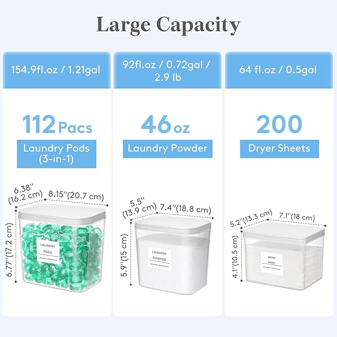 Lifewit Laundry Pods Container with Pop-up Lid, Coffee Pod K Cup Storage, Laundry Room Organization, Dryer Sheet Holder for Washing Powder Detergent, 2700 +4500+1800ml/0.5+0.72+1.2gal, 3PCS
