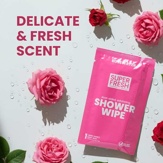Super Fresh Shower Body Wipes, Travel Essentials for Camping, Large Rosewater Wipes for Adults, Women, Men, Kids Personal Hygiene Cloth Enriched with Aloe and Vitamin E, Individually Wrapped 20Pack
