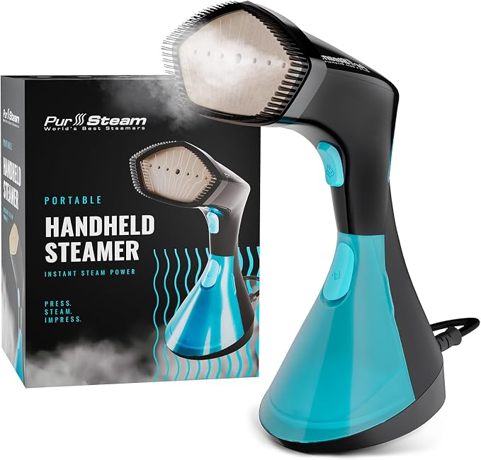 PurSteam SteamWave Handheld Garment Steamer - Fast Heat-Up 3 Steam Settings | 1650W | 25-Min Continuous Steam | 8.45 oz Removable Tank | Ceramic Soleplate | Auto Shut-Off | Portable for Home & Travel