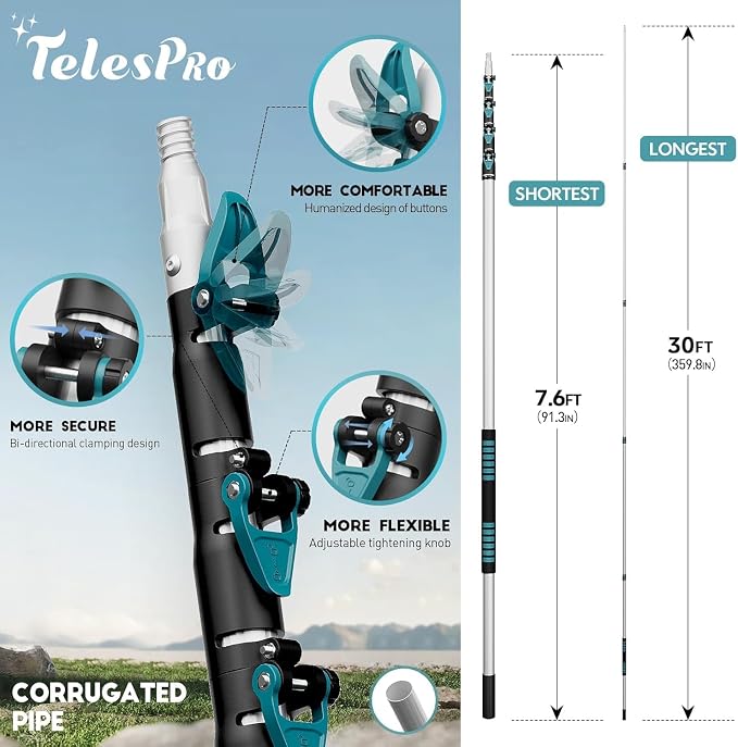 TelesPro 36 Foot High-Reach Duster Kit with 7-30FT Extendable Pole - High Ceiling Duster Cleaning Kit with Telescopic Pole,Cobweb Duster, Chenille Ceiling Fan Duster, Microfiber Feather Duster