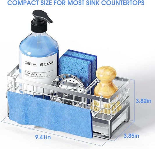 Kitchen Sink Sponge Holder - Self-Draining, Detachable Dish Cloth Holder, Rustproof Kitchen Countertop Organizer (Stainless Steel)