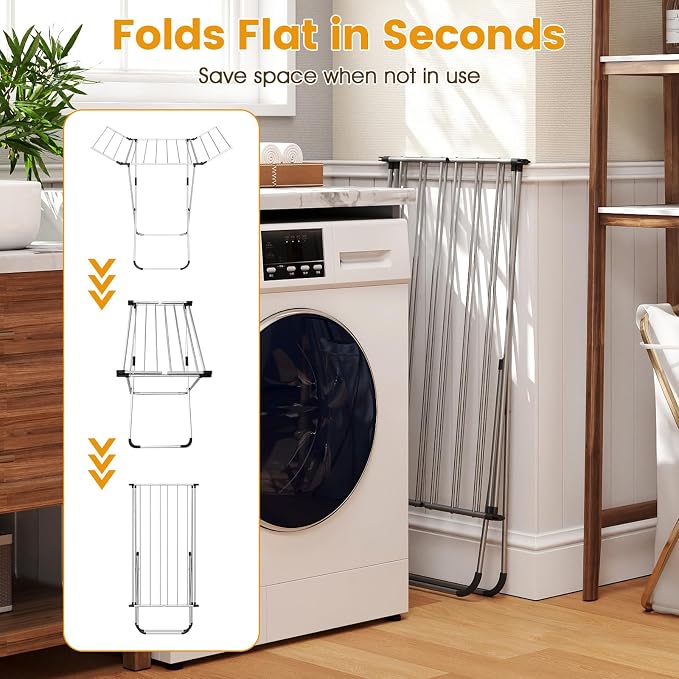 Giantex Foldable Clothes Drying Rack, Freestanding Aluminum Laundry Drying Rack with 2 Side Wings, Portable Space-Saving Clothing Airer for Indoor Outdoor Use