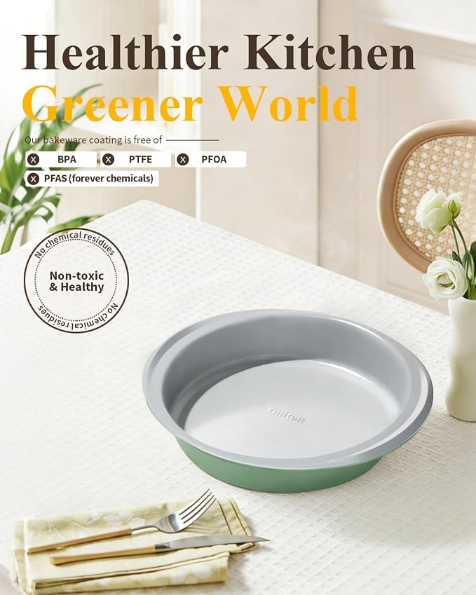 9 Inch Nonstick Round Cake Pan with Handle, Ceramic Coating PFOA PFAS PTFE Free, Aluminized Steel, Oven Safe 550°F, Dishwasher Safe, For Layer Cakes Cheesecakes and Brownies (Pistachio Green)