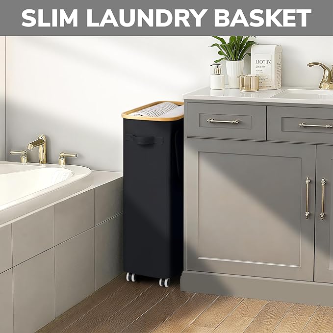 Goodpick 75L Slim Rolling Laundry Hamper with Bamboo Frame, Black | 17 × 9.8 × 29.5 in, Lid Design, Removable Laundry Bag, Bedroom, Bathroom & Home Decor, Clothes & Bedding Storage