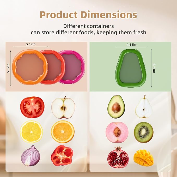 TQRR Avocado Saver and Onion Holder-4Pcs Fruit Fresh Storage Containers | Reusable Silicone, Refrigerator Use, For Fruits & Vegetable Containers, Fits Apples, Lemons, Potatoes, Oranges,Tomatoes