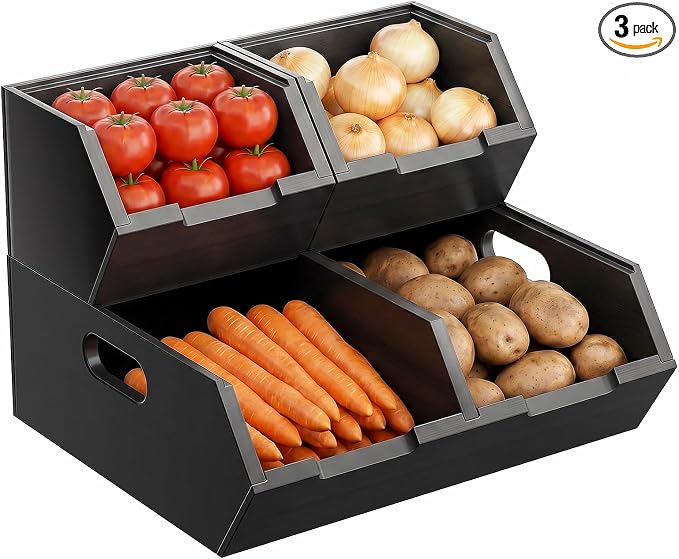 Bamboo Pantry Storage Bins, Potato and Onion Storage Bins for Countertop | Open Front Storage Bins, Large Capacity, Stackable Design, Cut-out Handles, FSC-certified Bamboo, No Assembly, Black