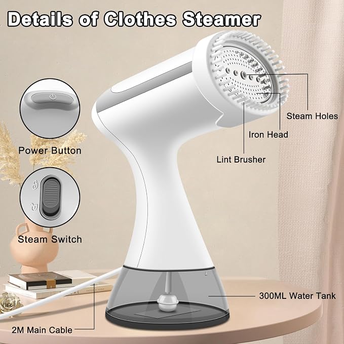 BUNUD Handheld Steamer for clothes 1500W: 20S Heat-up Garment Clothes Steamer with 300ml Water Tank - Portable Fabric Wrinkle Remover - Steam Iron 2 In 1 with Brush for Home/Office/Travel (White)