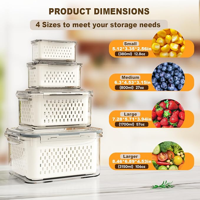 4 Pcs Fruit Storage Containers for Fridge (with Drain Basket) - Leak-Proof Food Containers, BPA-Free, Keep Fruits, Vegetables, Berries, and Meats Fresh for a Long Time, Dishwasher and Microwave Safe